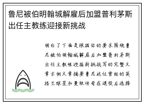 鲁尼被伯明翰城解雇后加盟普利茅斯出任主教练迎接新挑战 鲁尼被伯明翰城解雇后加盟普利茅斯出任主教练迎接新挑战