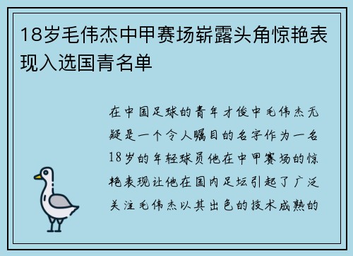 18岁毛伟杰中甲赛场崭露头角惊艳表现入选国青名单