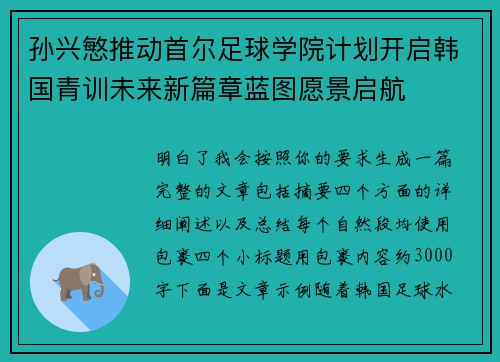 孙兴慜推动首尔足球学院计划开启韩国青训未来新篇章蓝图愿景启航 孙兴慜推动首尔足球学院计划开启韩国青训未来新篇章蓝图愿景启航