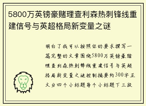 5800万英镑豪赌理查利森热刺锋线重建信号与英超格局新变量之谜